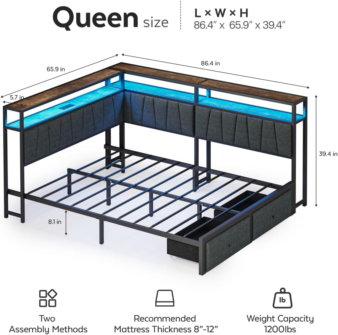 Queen Corner Bed Frame with Storage Drawers, Modern Daybed with LED Lights and Charging Station, Metal Platform Bed Frame Queen Size with Linen Upholstered Guardrail for Dorm Bedroom, Grey