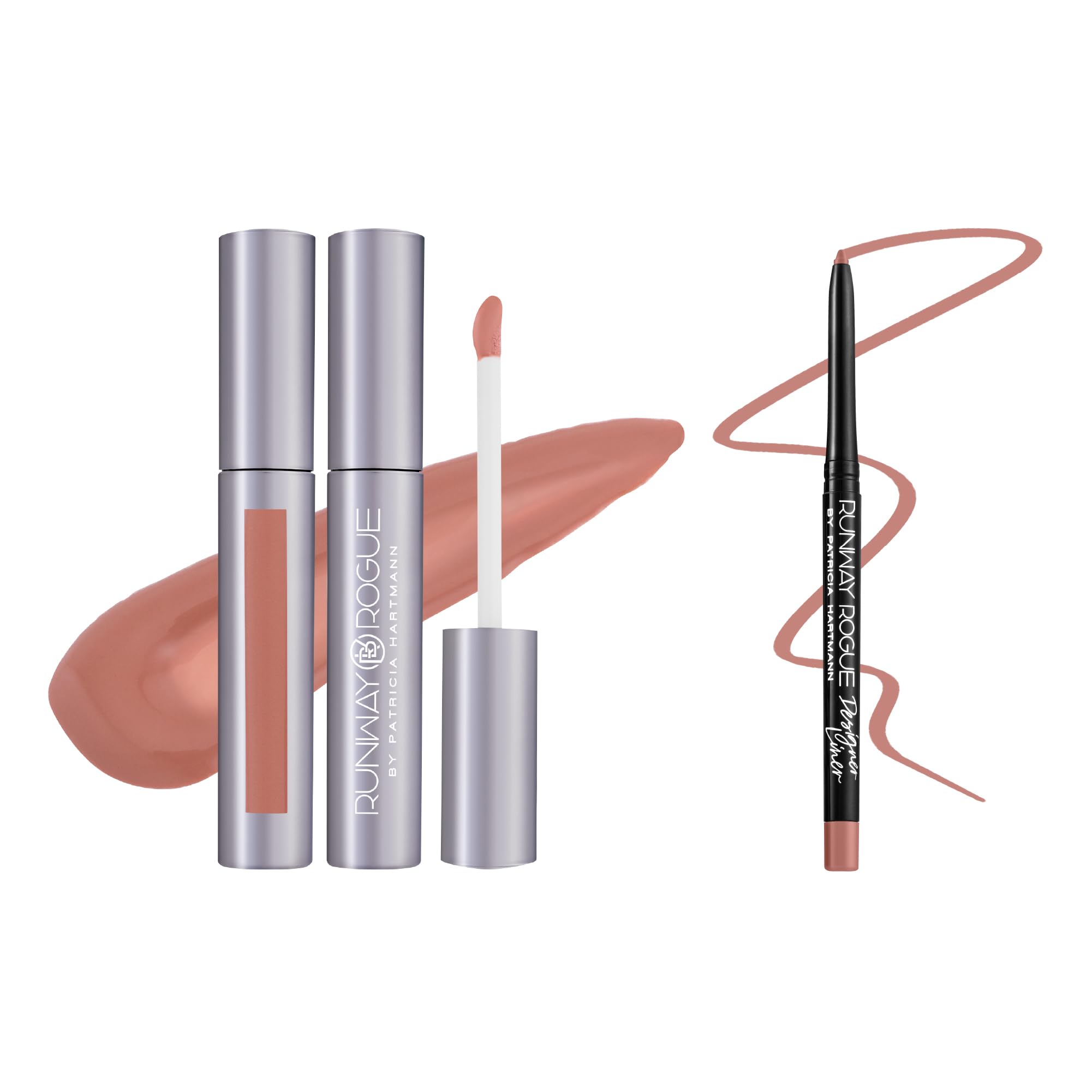 Runway Rogue Classic Gloss Supermodel Medium-Sheer Nude Hydrating Lip Gloss with Spotlight Matte Light-Beige Lip Liner and Sharpener