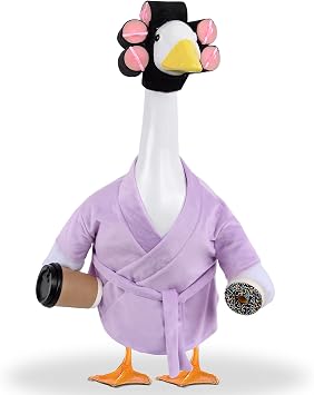 yuboo Lady Porch Goose Outfit 23 Inch Purple Bathrobe, Summer Goose Clothes Porch Geese Accessories Purple Pajamas Robe Curlers and Coffee Cup for Funny Yard Decoration