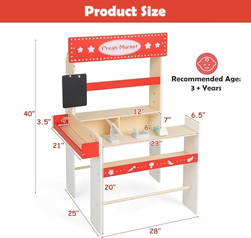 Miniatura 6 de INFANS Juguete de mercado de comestibles, soporte de mercado de madera, juego de simulación con pizarra de tiza, caja registradora, 36 piezas de