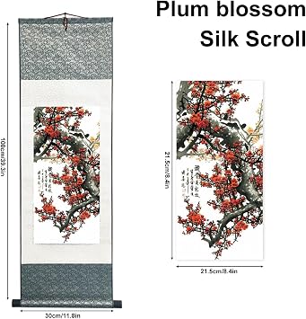 Ziosxin Chinese Art Brush Landscape Ink Painting - Asian Tapestry Silk Scroll Wall Hanging Decor With Flower and Bird (Plum Blossom, 39 x 12/100 x 30cm)
