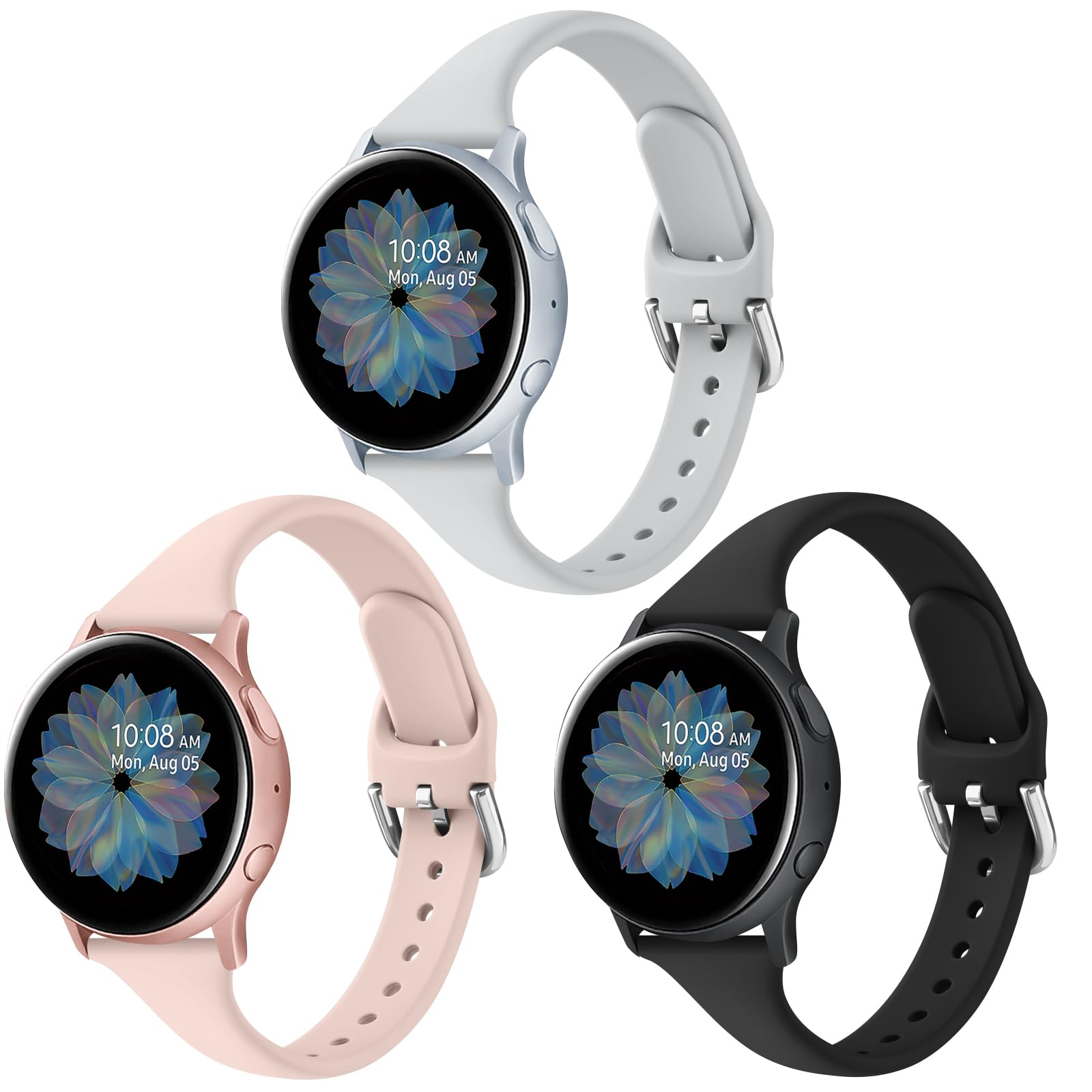 3 Pack Slim Sport Bands for Samsung Galaxy Watch Active 2 / Samsung Galaxy Active Watch 40mm 44mm, Soft Liquid Silicone Waterproof Straps for Replacement for Galaxy Watch Active Wristbands Women Men