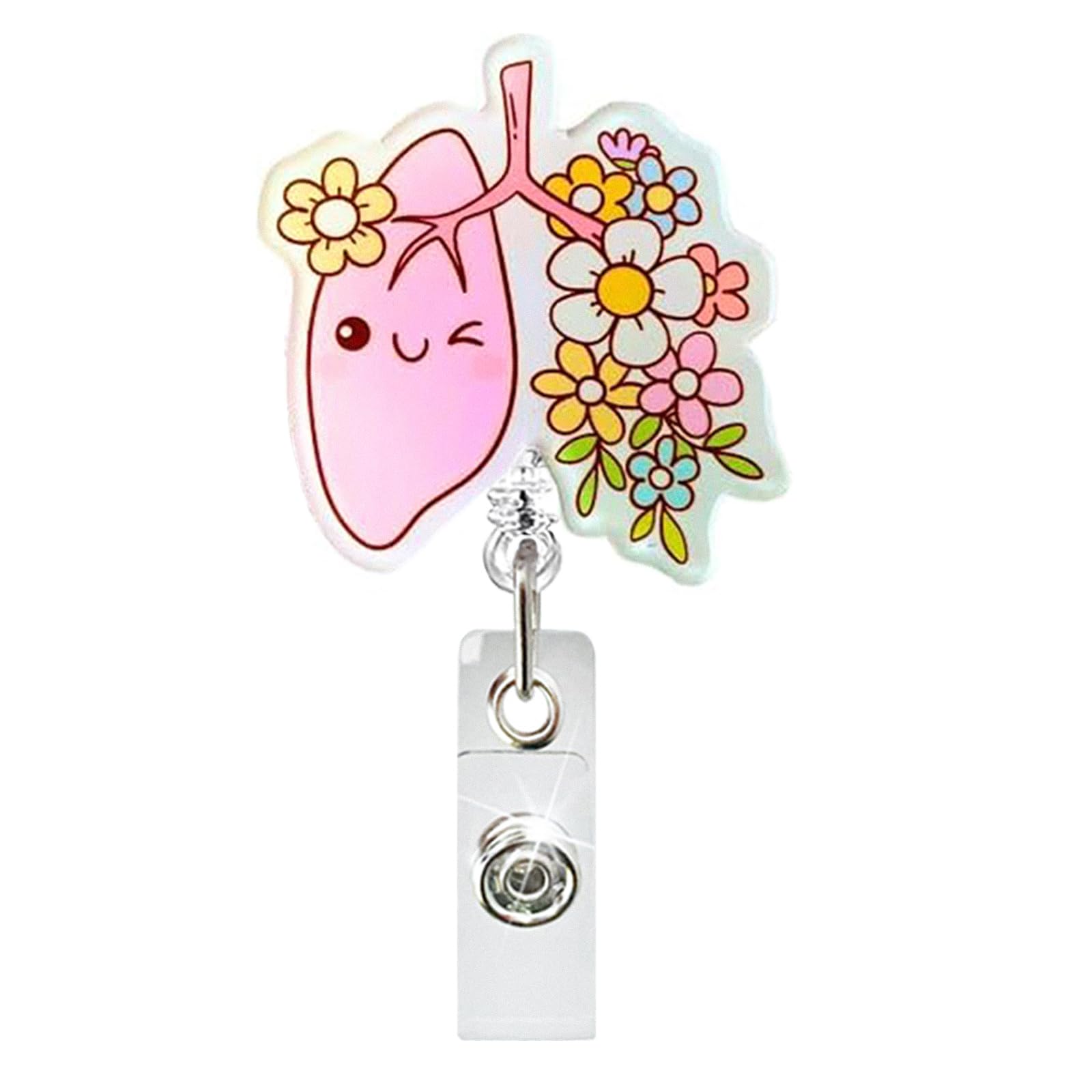 Cute Nurse Badge Reel Flower Lungs Badge Clip Pink Badge Reels Retractable Spring Summer Badge Holder with Retractable Clip, Funny ID Card Holder for