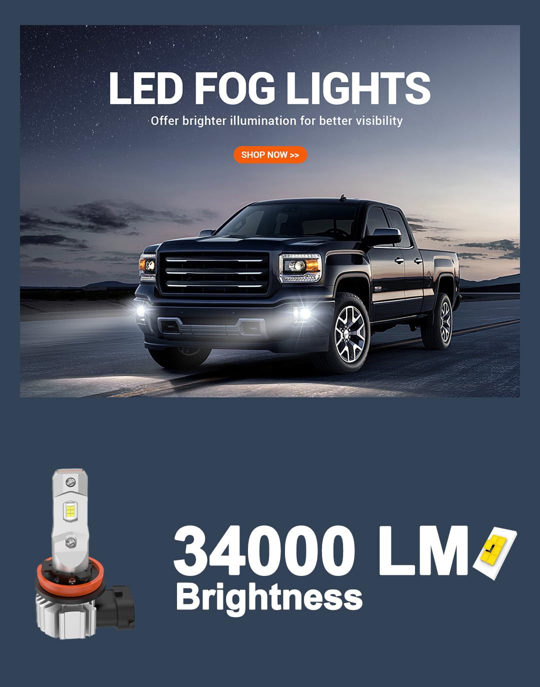 SEALIGHT H11 LED Fog Light Bulbs, 34000LM H8 H16 H11 LED Bulbs 6500K Cool White, 360° Adjustable Ring, Non-Polarity, IP68 Waterproof, Pack of 2