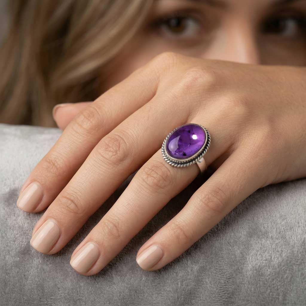 JEWELOPORIUM Chunky Natural Gemstone Ring For Women Amber, Labradorite, Turquoise, Rose Quartz Oval Boho 925 Sterling Silver Plated Handmade Jewelry