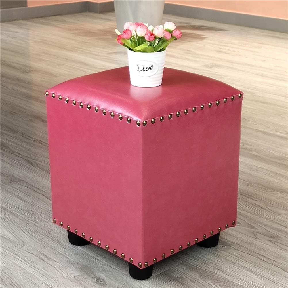 Pouf en bois massif et cuir rembourré petit banc de salon