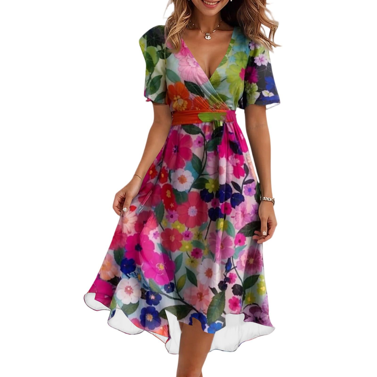 Générique Robe Femme Imprimé Abstrait Col Rond Manches Bouffantes Taille Nouée Ample Longue Décontractée pour Été Quotidien