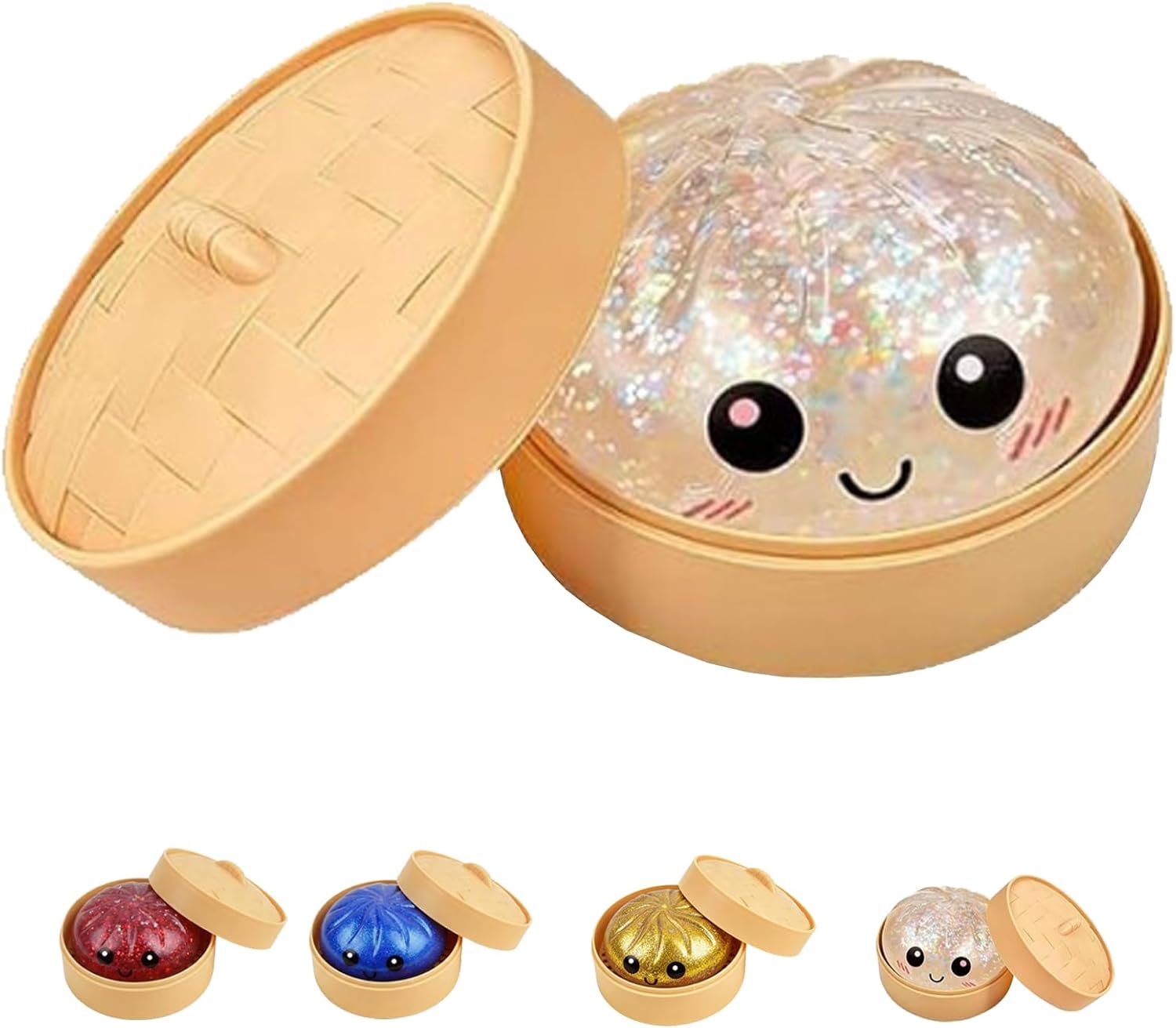 Dumpling Squishies Glitter Dumpling Mystery Box Colorful Dumplings Stress Balls Easter Basket Stuffers, Stocking Stuffers with Food Steamer Stretchy Desk Toys(3PC)
