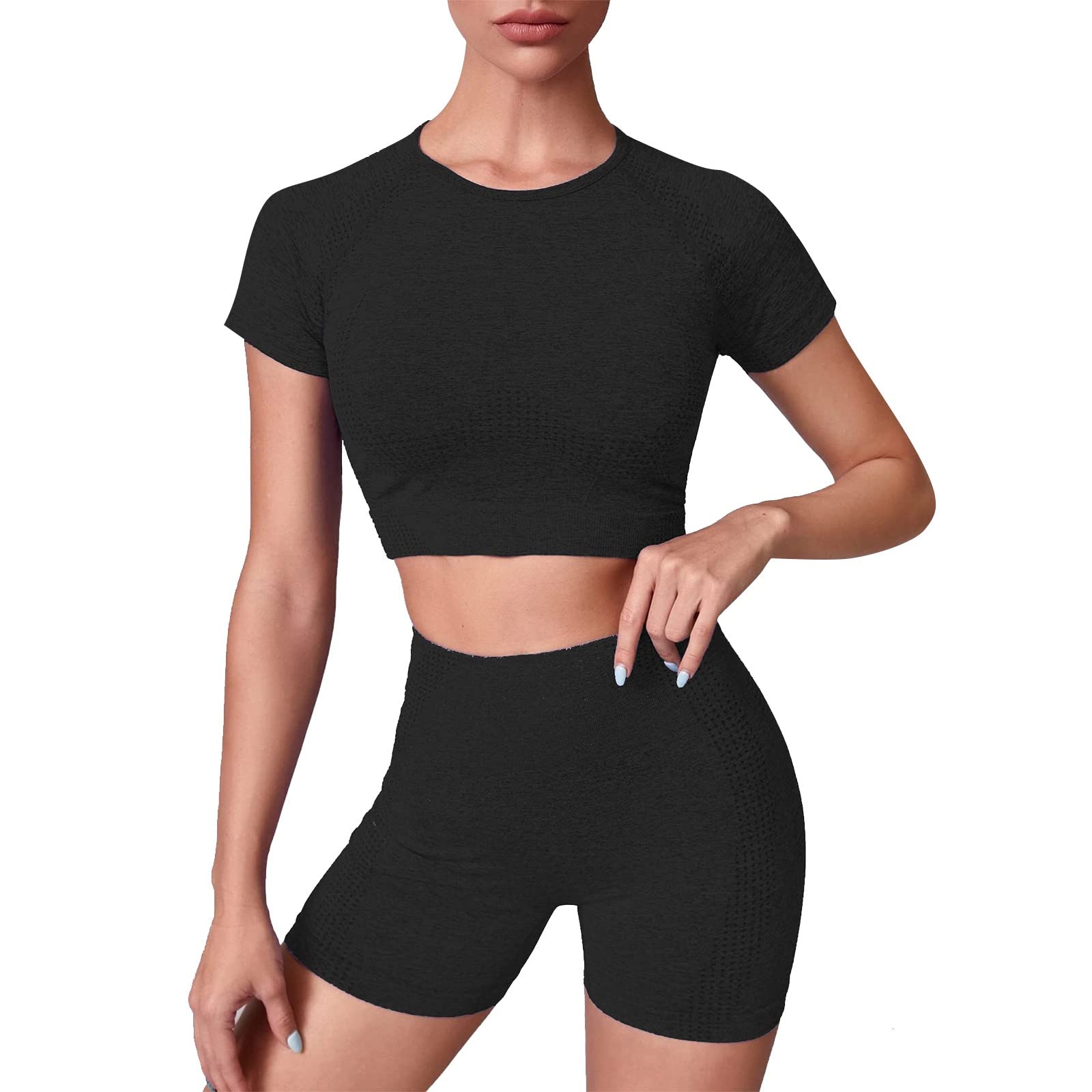 QWUVEDS Trajes de entrenamiento para mujer, 2 piezas, acanalado, sin costuras, tanque corto, cintura alta, conjuntos de leggings de yoga para mujer, ropa deportiva, pantalones cortos para mujer, conjunto de