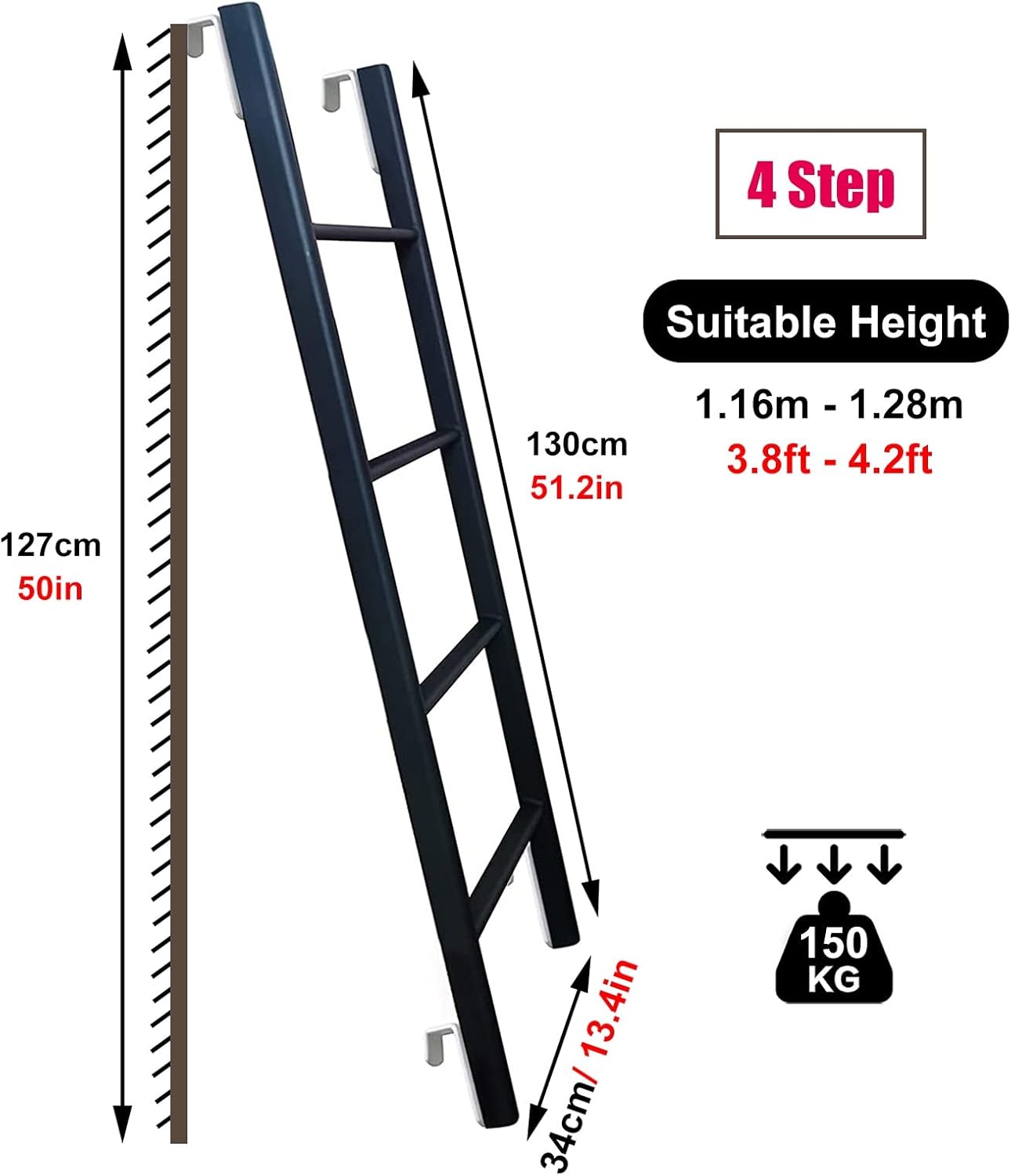 Bunk Bed Ladder Hanging Twin Bed Bunk Ladder with 4 Hooks, Replacement Climb Ladder - 45"/ 50"/ 55"/ 59" Height, Universal Step Ladder for Home Loft RV (Size : 130cm/50)
