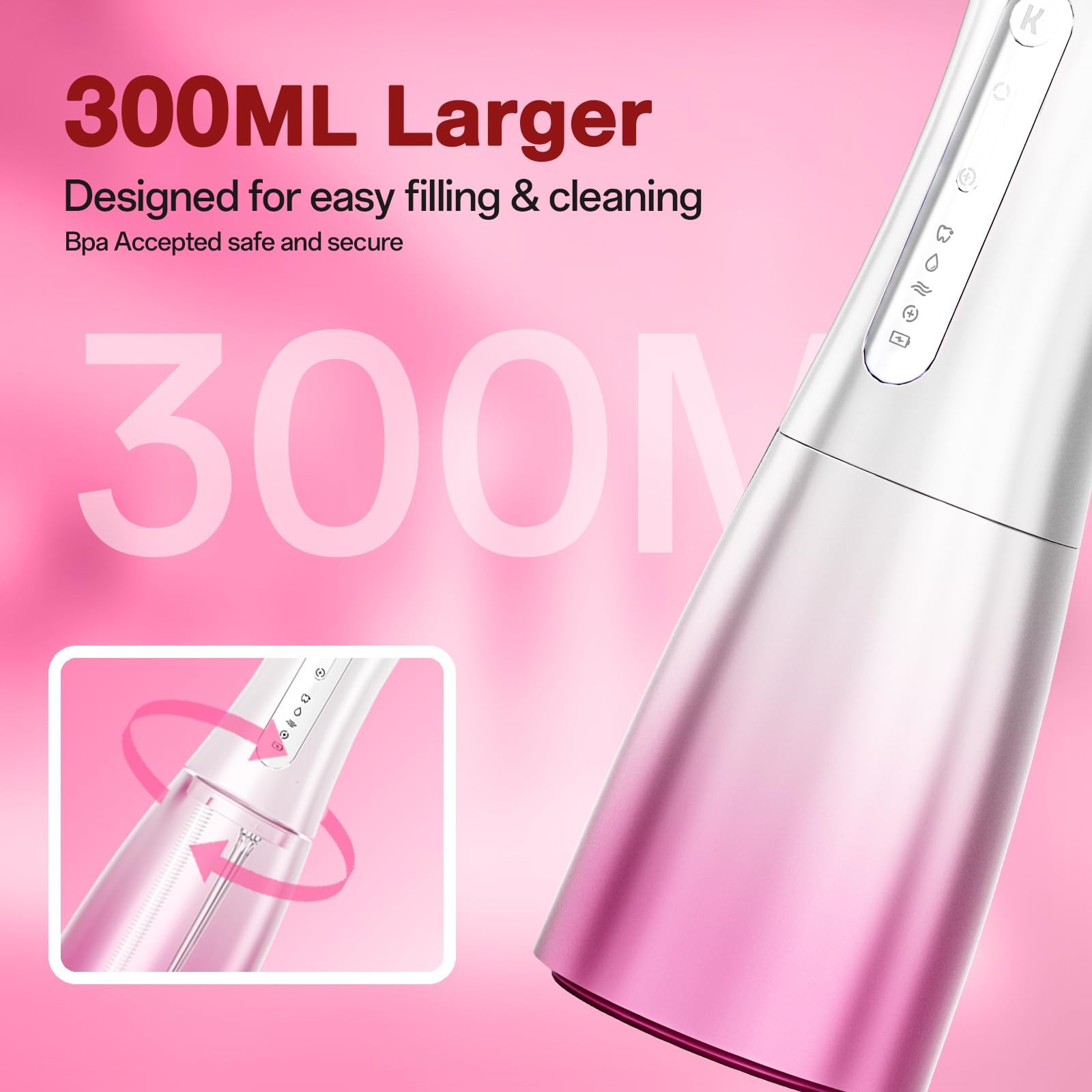 KIWIBIRD Wasser-Zahnseide mit UV-C-Desinfektion, kabellose Munddusche, 3 Modi und 4 Spitzen, 300 ml BPA-freier Tank, 40-120 PSI tragbarer Zahnreiniger für Plaque, Zuhause und Reisen (Pink Ombre)