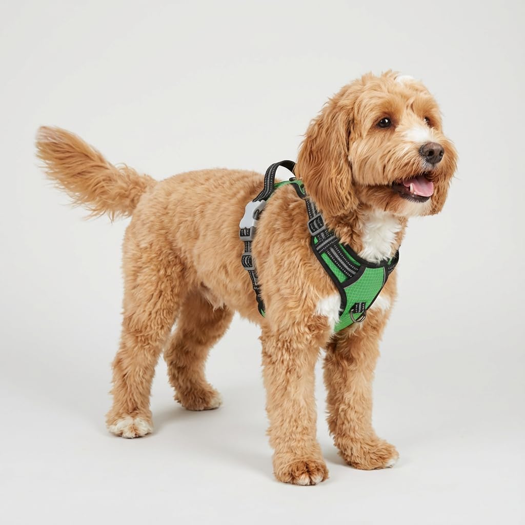 The Happy Doodle Company No Pull Dog Harness with 2 Leash Clips, Adjustable Soft Padded Pet Vest Harness, Reflective No-Choke with Easy Control Handle for Training or Walking (Green, S)