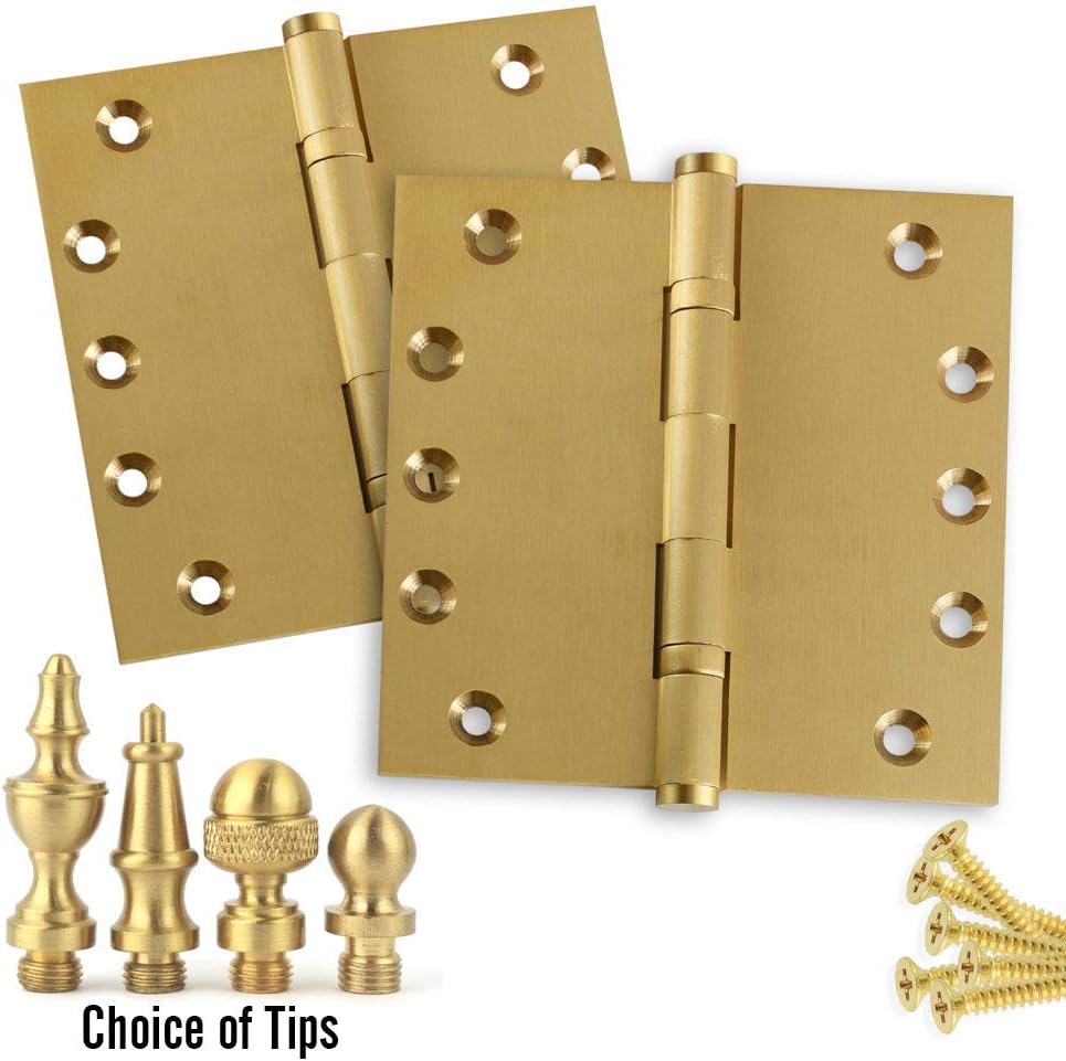 Solid Brass Architectural Door Hinges – 2 Vintage Decorative Cap Mortise Hinges, Ball Bearings, and Stainless Steel Hinge Pin – Home Decor by Embassy, 5 x 5 in., Satin Brass
