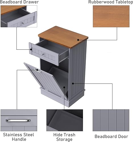 Miniatura 6 de Armario de basura inclinable de madera de 10 galones gabinete de reciclaje con cajón oculto armario de basura inclinable cubo de cocina gris