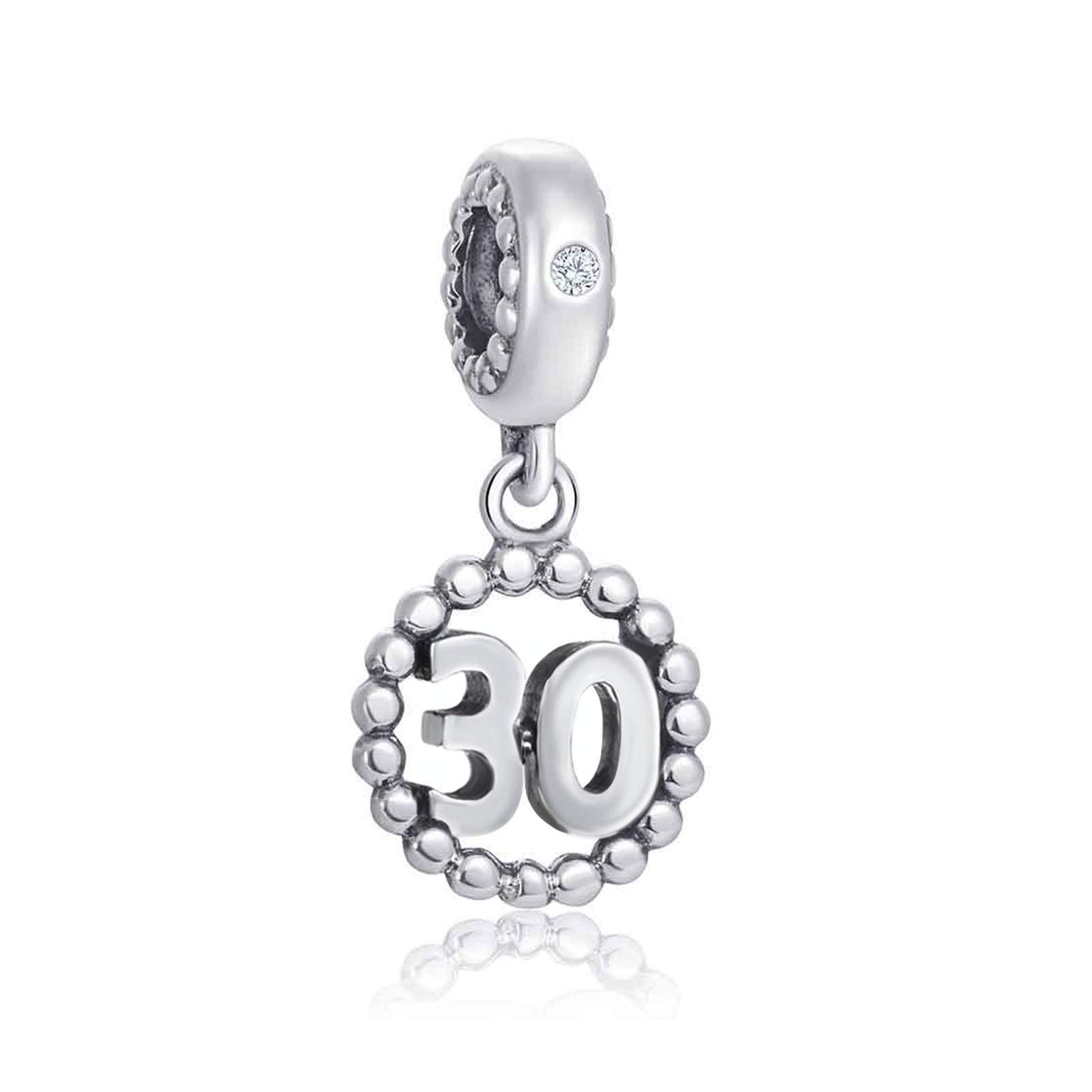 30th Birthday Number Charms fit Pandora Bracelet, 925 Sterling Silver Annivesary Milestone Beads Inlay CZ Birthstone Pendant, Gifts for Mother/Memorial Day