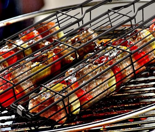 Image of Permafrost BBQ Grill Basket for Home (Pack of 1) Foldable Non-Stick Barbecue Grill with Wooden Handle Powder Coated Stainless Steel Mesh Tandoori Chicken & Vegetable Griller Portable Outdoor Barbeque Tool for Travel Camping & Cooking
