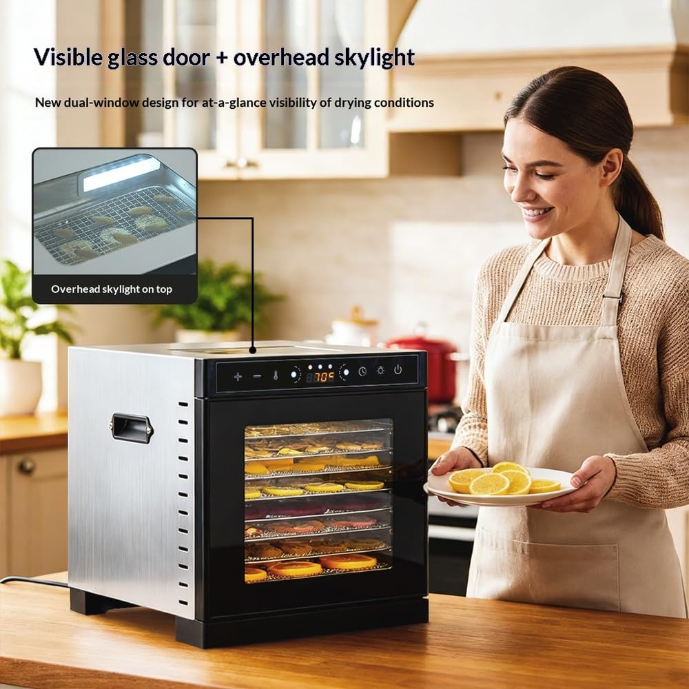 Deshidratador de alimentos con 6 bandejas espacio de secado de 3.6ft²Bandejas de acero inoxidable de 400W Secado rápido(86°F-194°F) Ideal para cecina,golosinas para perros,hierbas,carne,frutas