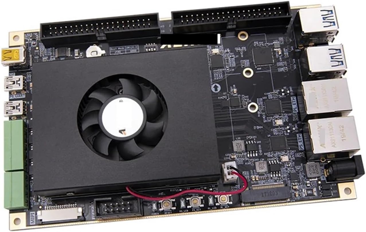 Top-down view of the PULME AXU3EGB FPGA Development Board with a cooling fan.