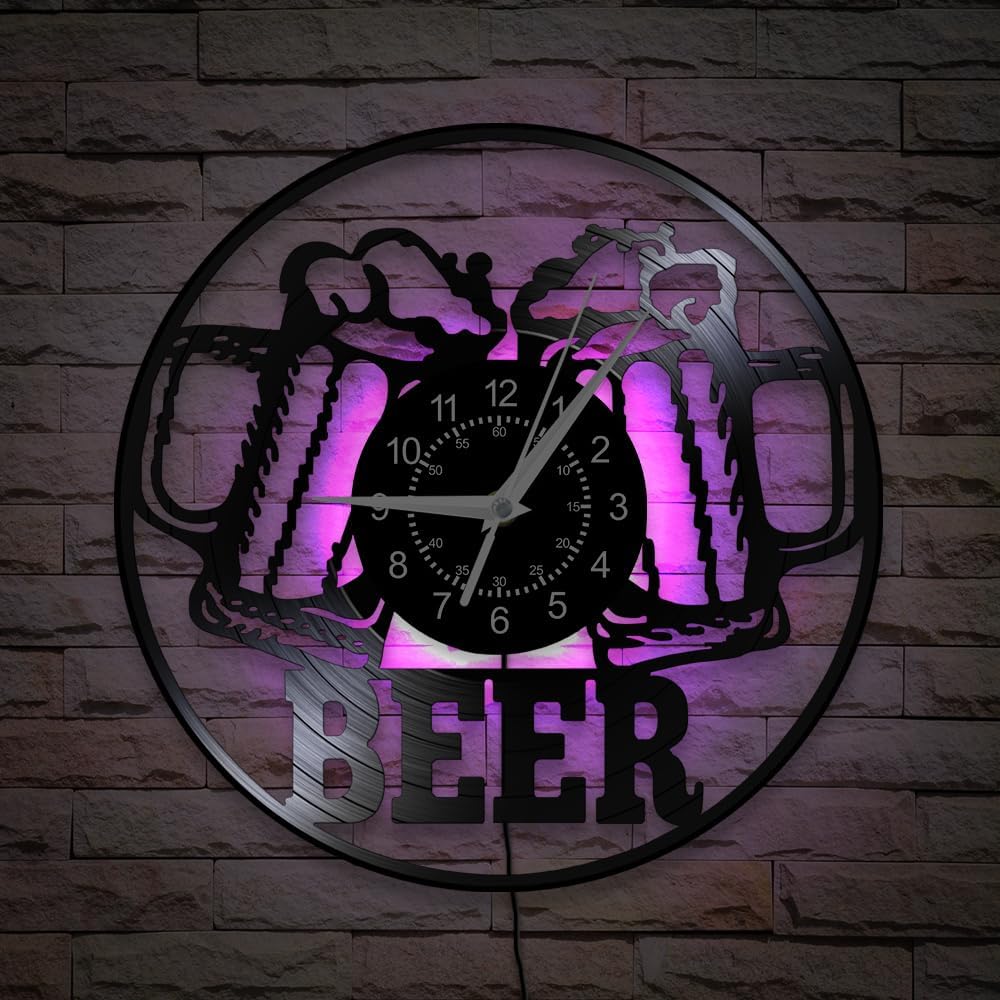 Bar Clock, 12 Inch 7 Colors LED Man Cave Vinyl Record Wall Clock Vintage Decorative Kitchen Beer Drinking Wall Clock Silent Movement Drink Gift for Home Bar Pub Club Winery Garage