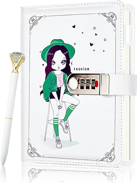 Diary with Lock for Girls & Boys,Kids Journal Notebook,PU Leather Journal Notebook,Lined Password Locking Personal Planner Secret Organizer Gift for Girls Women Daughter,Size A5 (White)
