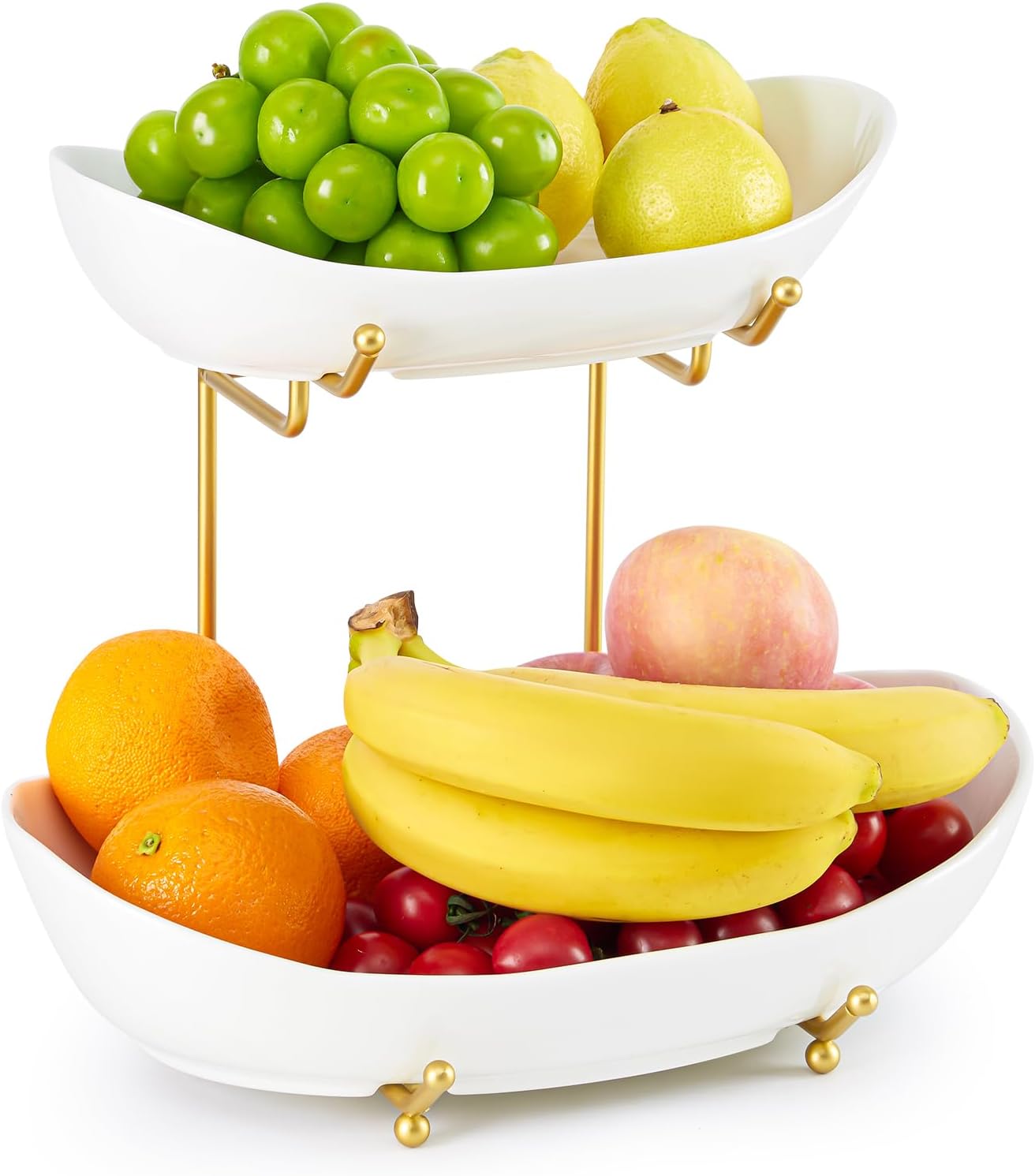 2 Tier Ceramic Fruit Bowl for Kitchen Counter, Tiered Fruit Basket for Countertop, Modern Multi Layer Fruit Display Stand for Party, Cute (Gold&White, Large)