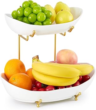 2 Tier Ceramic Fruit Bowl for Kitchen Counter, Tiered Fruit Basket for Countertop, Modern Multi Layer Fruit Display Stand for Party, Cute Gold&White, Large