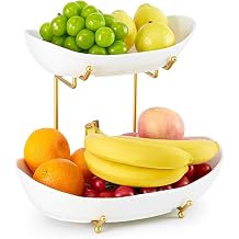 2 Tier Ceramic Fruit Bowl for Kitchen Counter, Tiered Fruit Basket for Countertop, Modern Multi Layer Fruit Display Stand for Party, Cute Gold&White, Large