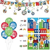 Party City Party Town Blocks Room Decorations Birthday Party Supplies, with Balloons, Banners, Scene Setter, Props and Swirls