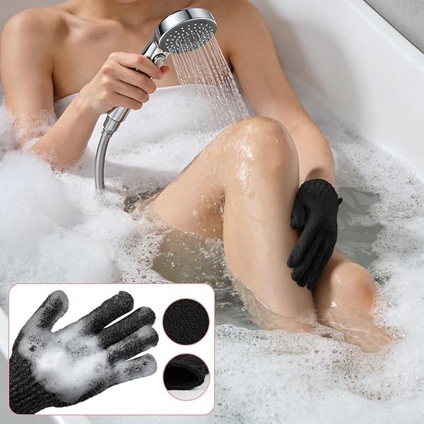 Gant de Douche Exfoliante, Gant Corps a Gommage, 3 Paires Gants Exfoliants, pour le Bain et le Corps (Noir) - 4