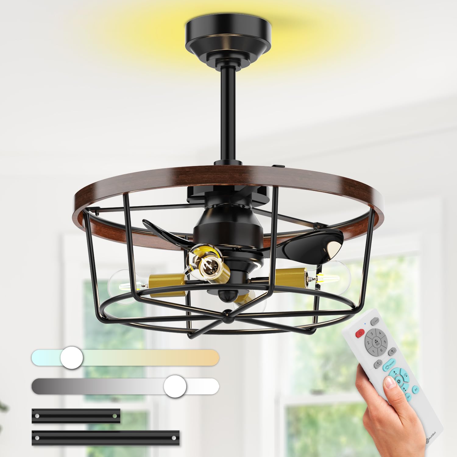 21-Inch Farmhouse Caged Fandelier Ceiling Fan with Lights and Remote (Bulbs Not Included), Ultra-Quiet, 6-Speed, Timer, Reversible Air Circulation Mode, All-Season Use for Bedroom, Kitchen