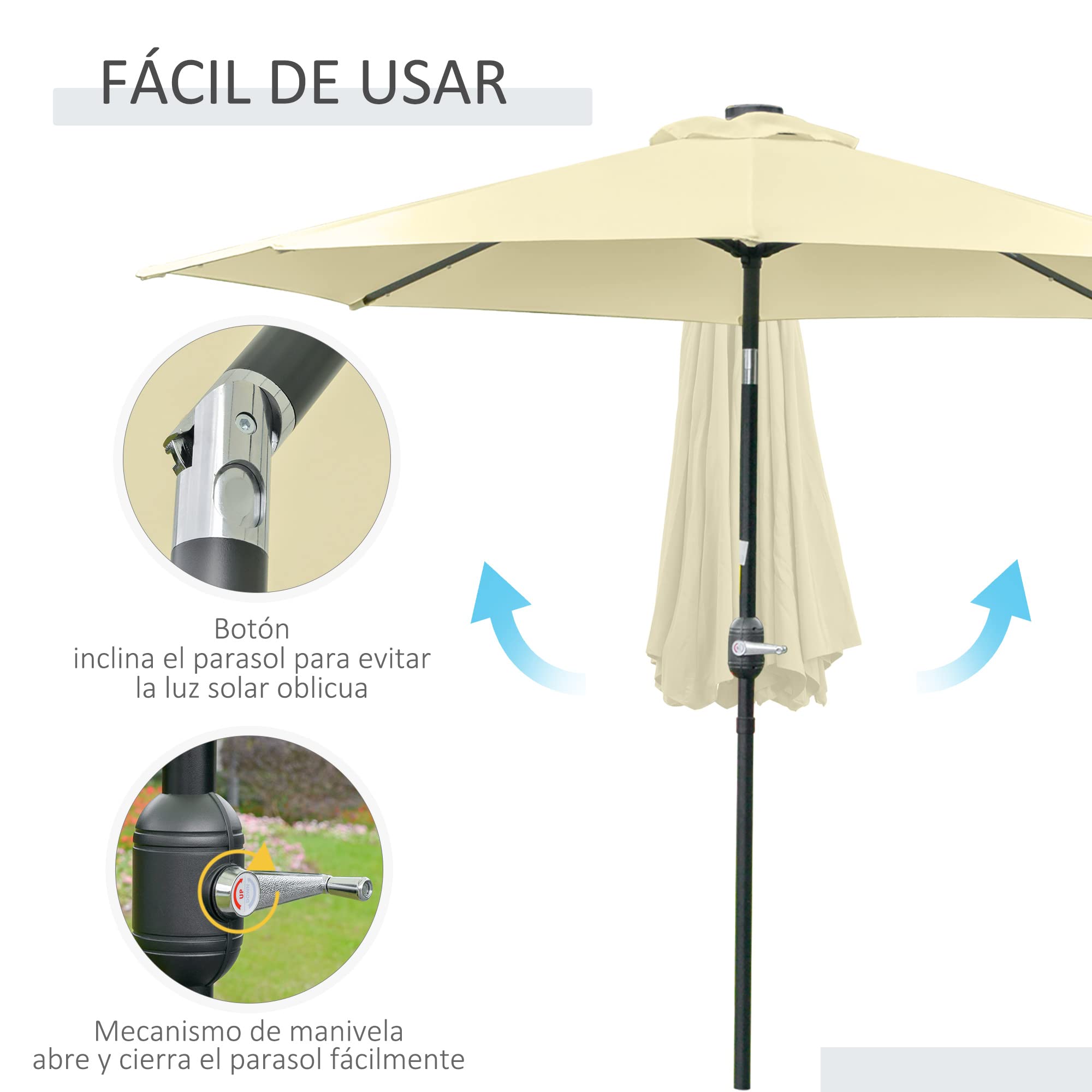 Outsunny Sombrilla Terraza Exterior Ø265 cm con 32 Luces LED Solares Beige | Sombrilla de Jardín, Poste de Acero, Manivela de Parasol Inclinable, para Patio, Terraza