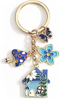 Mushroom House Keychain with Blue Flowers Whimsical Fairy Cottage Accessory for Women Magical Gift Idea