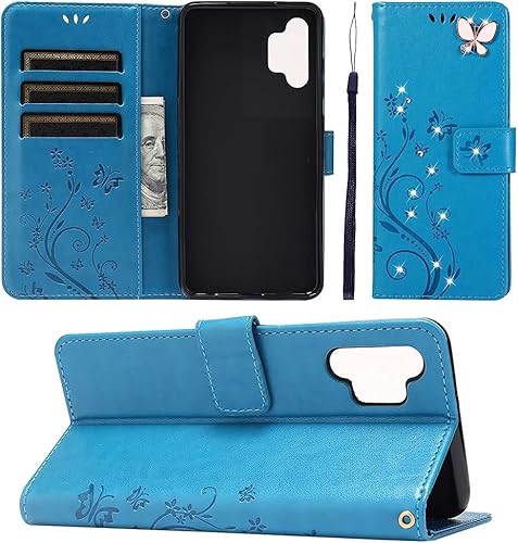 Miniatura 2 de Funda compatible con Samsung Galaxy A32 5G con purpurina y tarjetero para mujer, diseño de mariposas de cristal, a prueba de golpes, funda
