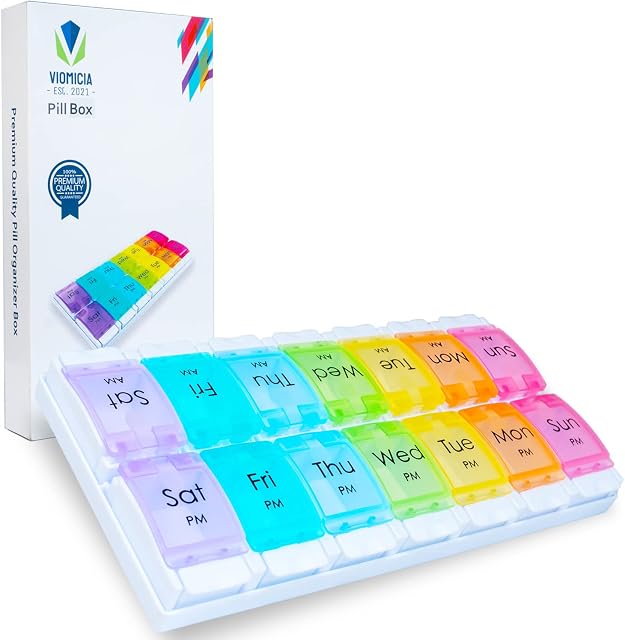Viomicia Pill Box 7 Day 2 Times a Day Easy to Open Pill Organiser with Push Button Pop Open Design Medicine Storage Box with Large 14 Compartments Tablet Organiser to Hold Vitamins and Medication