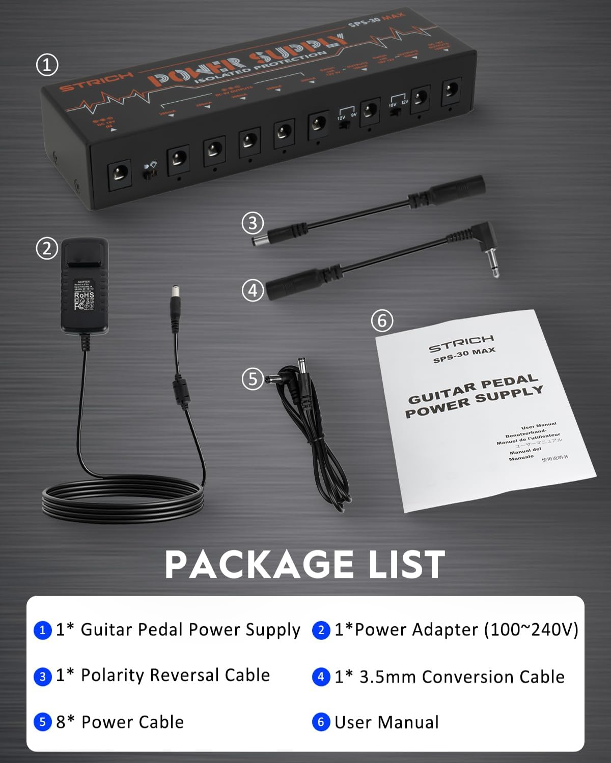 STRICH Guitar Pedal High Power Supply, Pedalboard Power Supply with 8 Totally Independent DC 9V/12V/18V Outputs(200mA/300mA/1000mA) for Power-hungry Effect Pedal, SPS-30 MAX