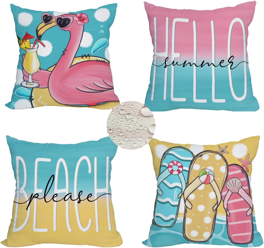Fukeen 4 Pack Waterproof Outdoor Summer Beach Throw Pillow Covers 24x24 Inch Flamingo Flip Flops Tropical Flower Starfish Farmhouse Decoration Pillow Cases Blue Ocean Sea Sand Cushion Cover