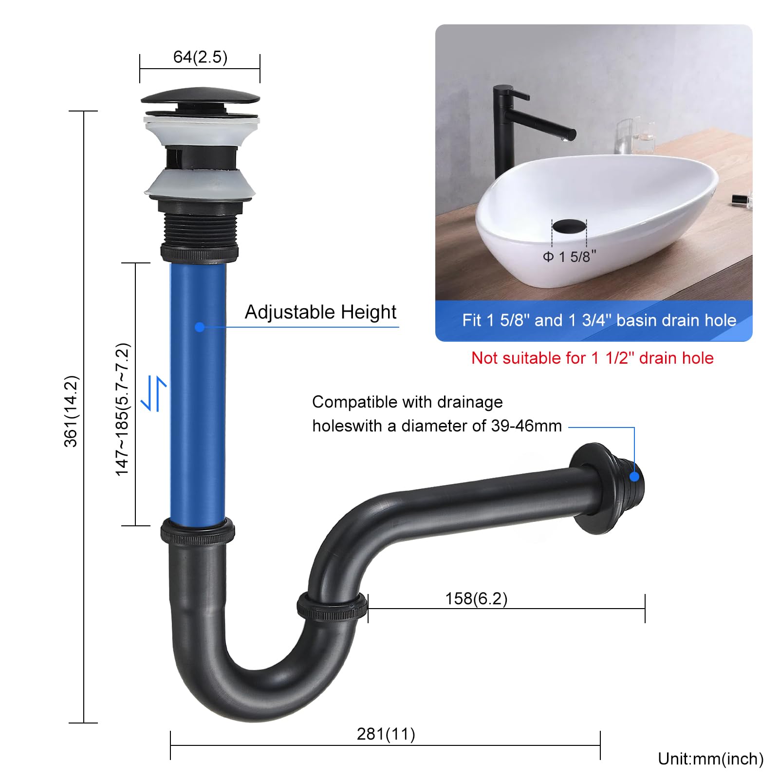 Trampa P de acero inoxidable con tapón para fregadero de baño, juego de trampa de botella de drenaje de fregadero de 1-1/4 sin desbordamiento, altura ajustable, kit completo de fontanería para