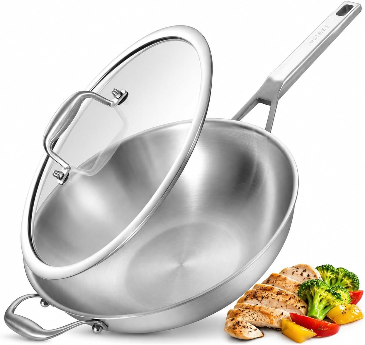 Inqibee 14 Inch Stainless Steel Wok Pan with Lid, Detachable Handle