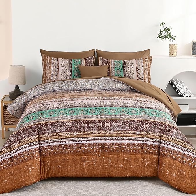 Image of Cottolester Boho Comforter Set Full Size 8 Pieces, Brown Bohemian Striped Bed in a Bag, Paisley Soft Microfiber Bedding Comforter Set