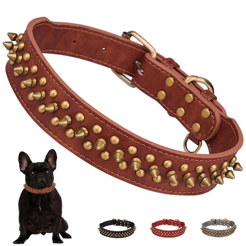 Brown Spike Dog Collar for Medium Dogs, Faux Leather Retro Bronze Dog Spiked Collars Mushrooms Rivet Studded Spiky Stud Anti-Bite Protective Neck for