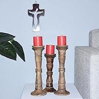 Vista 25 de Juego de tres portavelas de pilar de 6 pulgadas, 12 pulgadas y 6 pulgadas de madera de mango hecho a mano Pulido oscuro