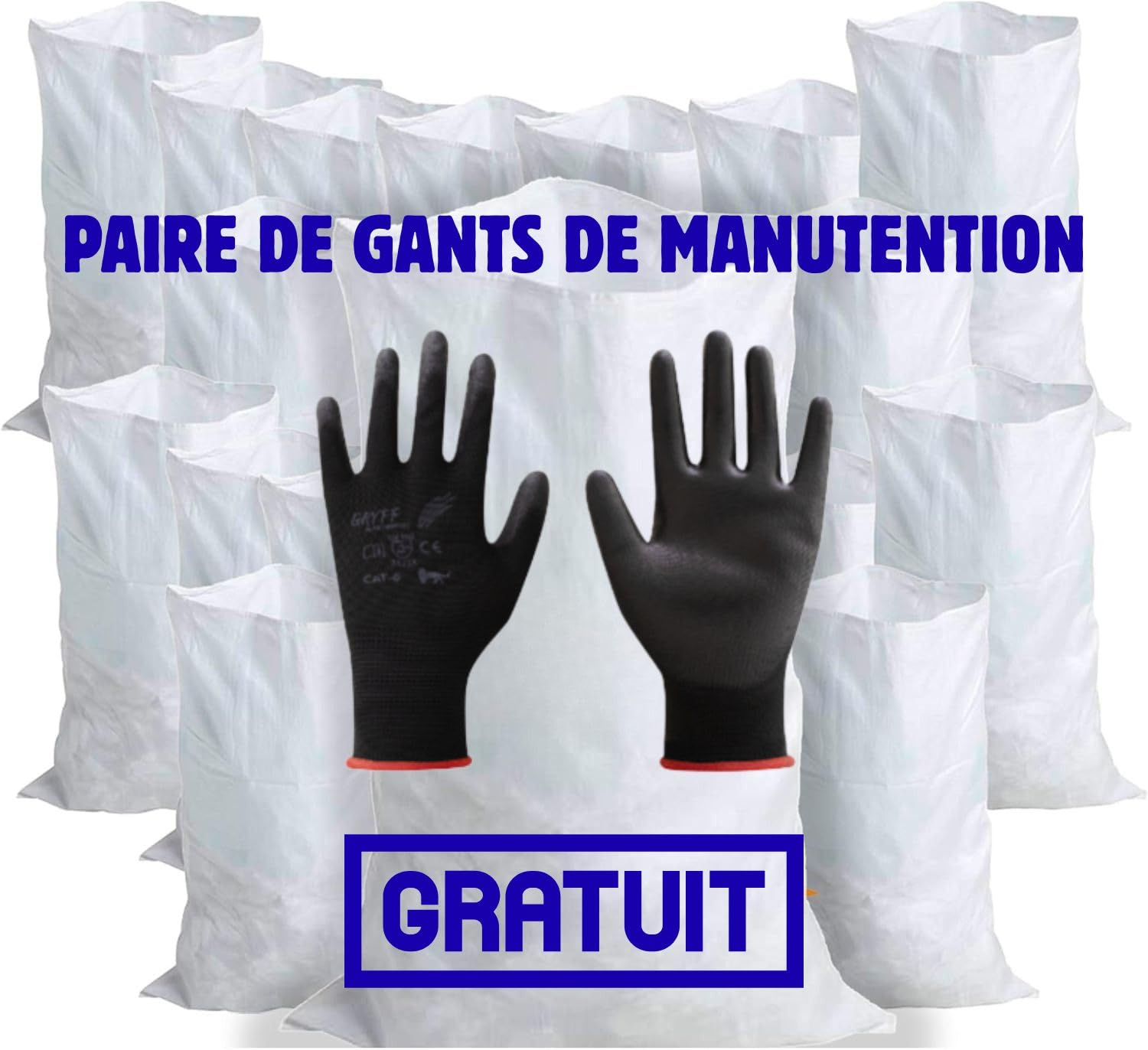 Sac Gravat Blanc Tissé par Lot | Capacité de 80 Litres = 55X95 cm | Tissé - Indéchirable - Réutilisable | Pierre - Gravier - Sable | Gant Manutention Compris (50)