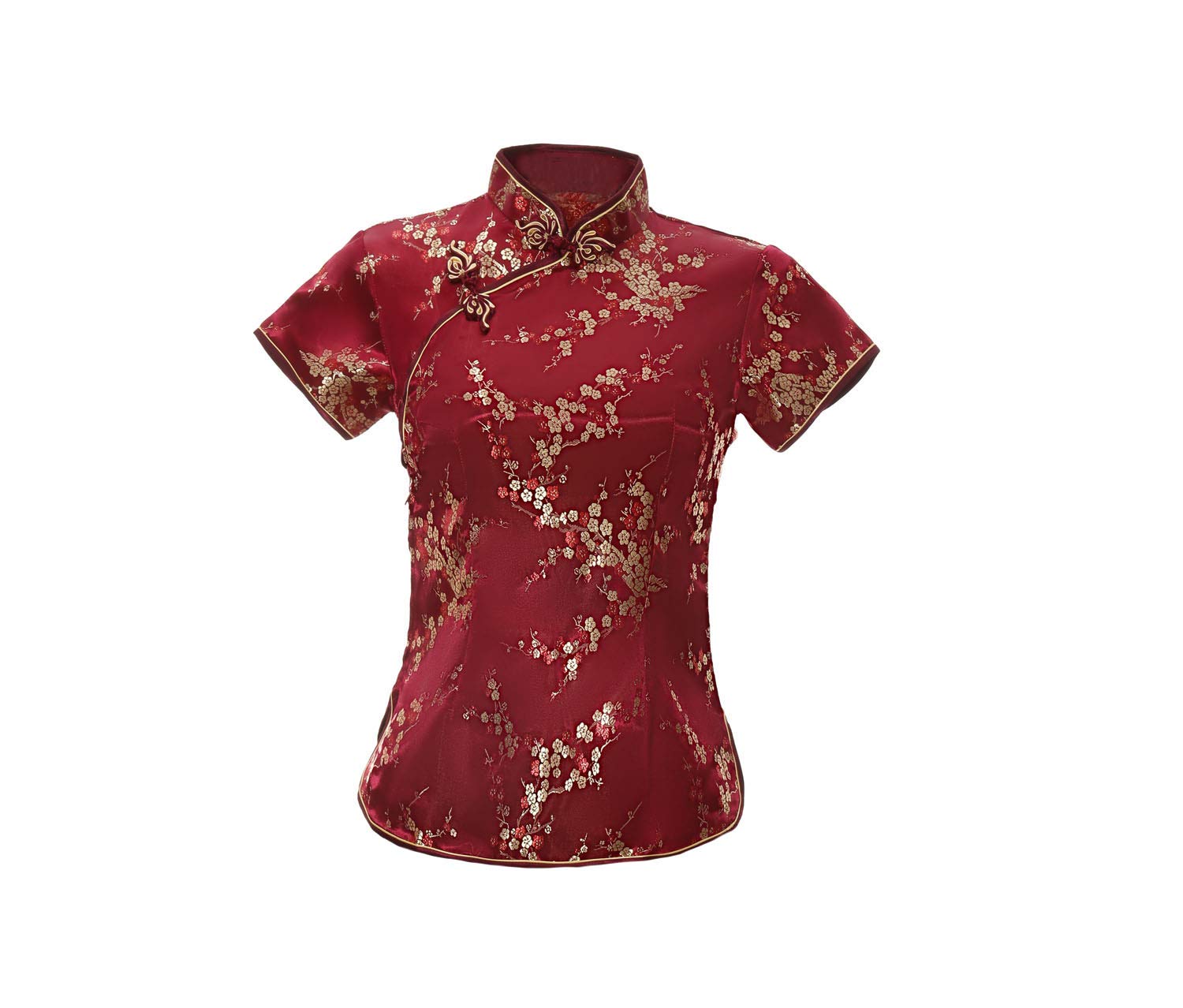 Acvip Women's Burgundy Plum Blossom Brocade Qipao Top Stand Collar Short Sleeve Chinese Shirt Blouse (Uk 16/Chinese 3XL, )