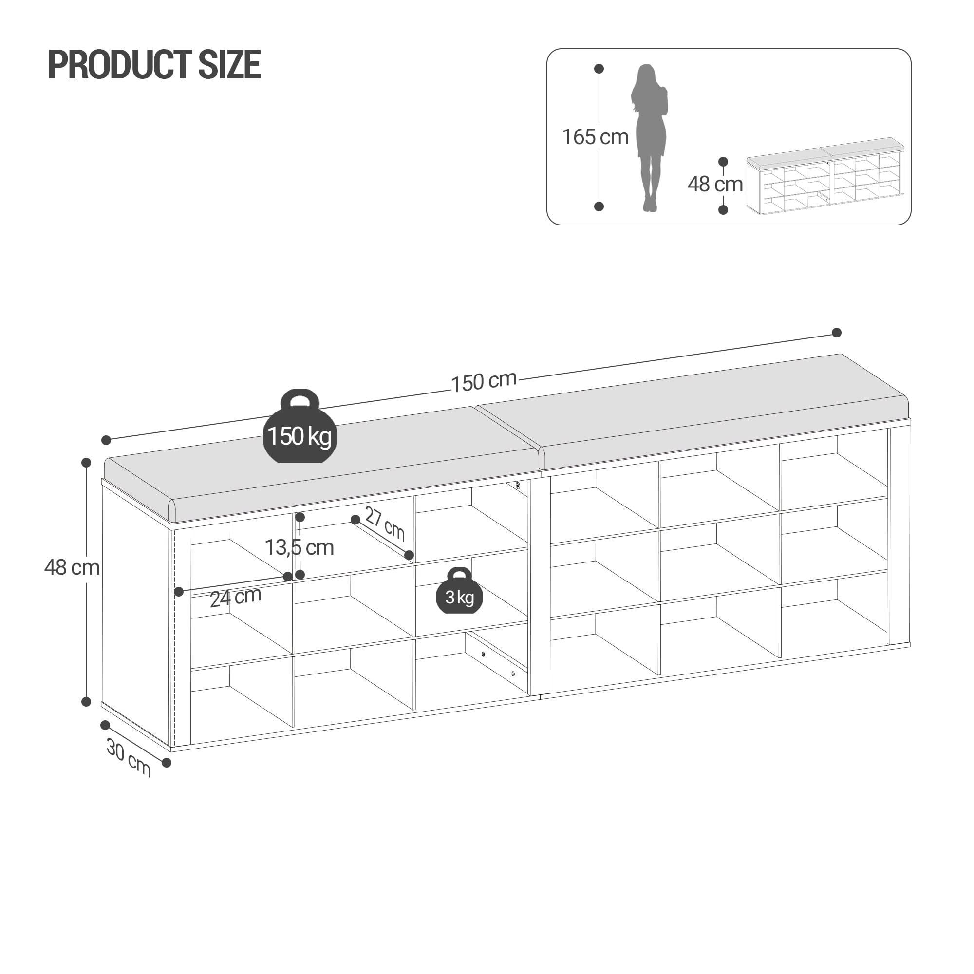 Hzuaneri Banco Zapatero, Zapatero con Asiento, Banco con Almacenaje, Cojín, 18 Compartimentos, 30 x 150 x 48 cm, para Salón, Pasillo, Dormitorio, Blanco SB25703GY