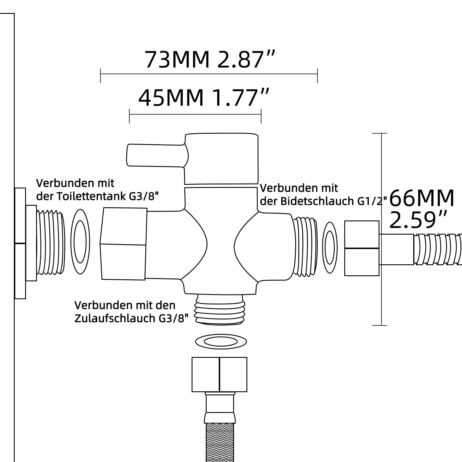 Tecmolog Robinet WC 3 Voies en Laiton Valve Inverseur de Douche 3/8" pour Toilette, Chromé, DSF007F