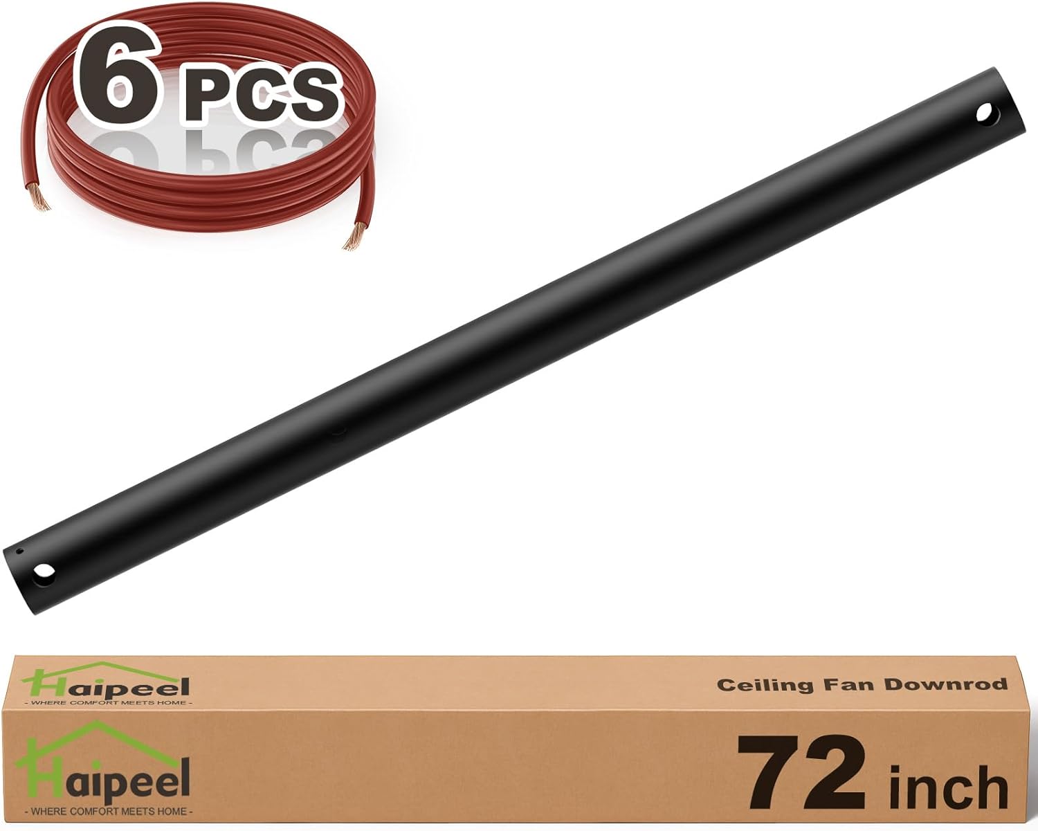 Haipeel 72 Inch Ceiling Fan Downrod with 6 Wires, 6 FT Extension Rod for Ceiling Fan, 1 Inch Outside Diameter, Suitable for a Wide Range of Fans, Unthreaded(Black) Matte Black 72 INCH