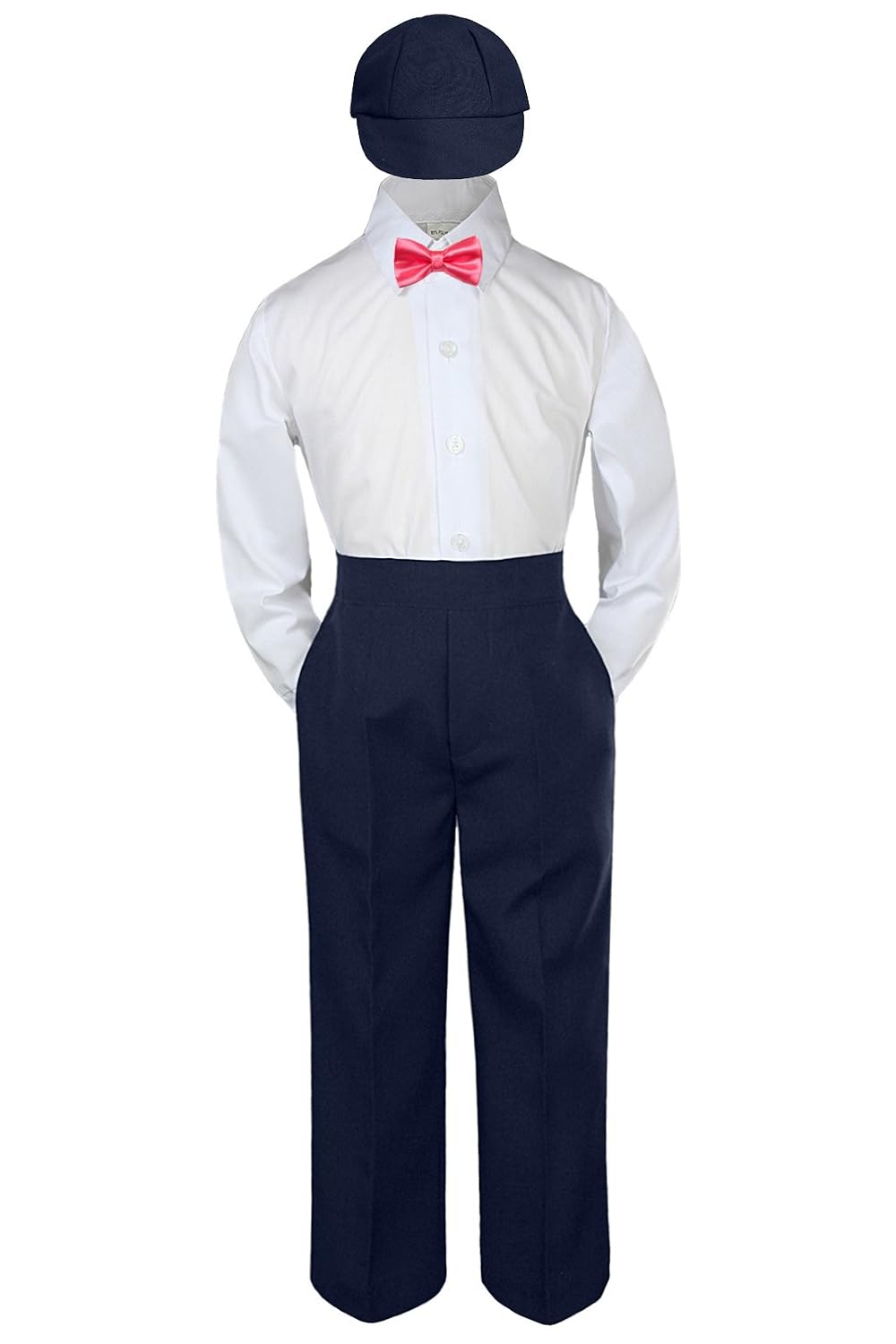 4pc Baby Toddler Kid Boys Navy Pants Hat Coral Bow Tie Suits Set (Extra Large:(18-24 months))