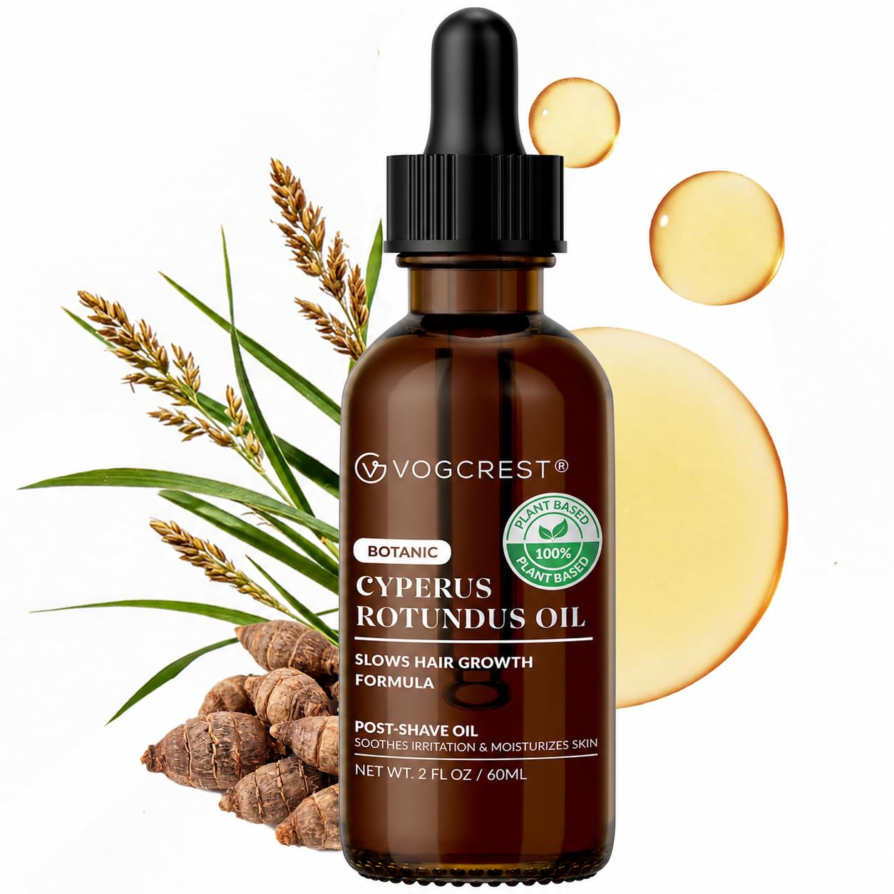 VG VOGCREST Cyperus Rotundus Oil: After Shave Oil for Face & Body - Natural Hair Growth Inhibitor Helps Slow Regrowth - Safe for Sensitive Skin & PCOS (Green, 2 FL OZ) Green 2 Fl Oz (Pack of 1)