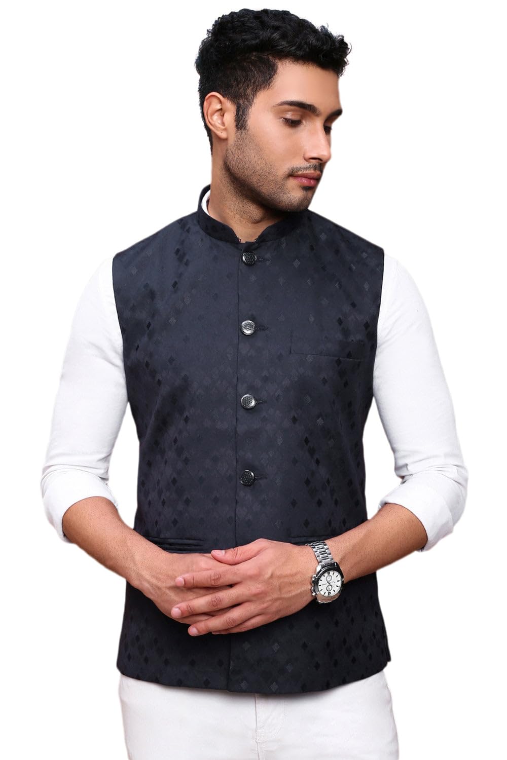showoffff Men Woven Design Ethnic Nehru Jacket | Mandarin Collar Sleeveless Cotton NehruJacket for Mens | Slim Fit Regular Length NehruJackets for Men's-picture-40