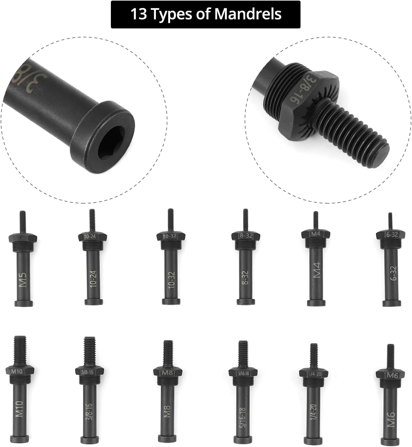 QWORK Rivet Nut Drill Adaptor Tool Kit, 260 PCS-Includes 13 Mandrels in Metric and Inch Sizes